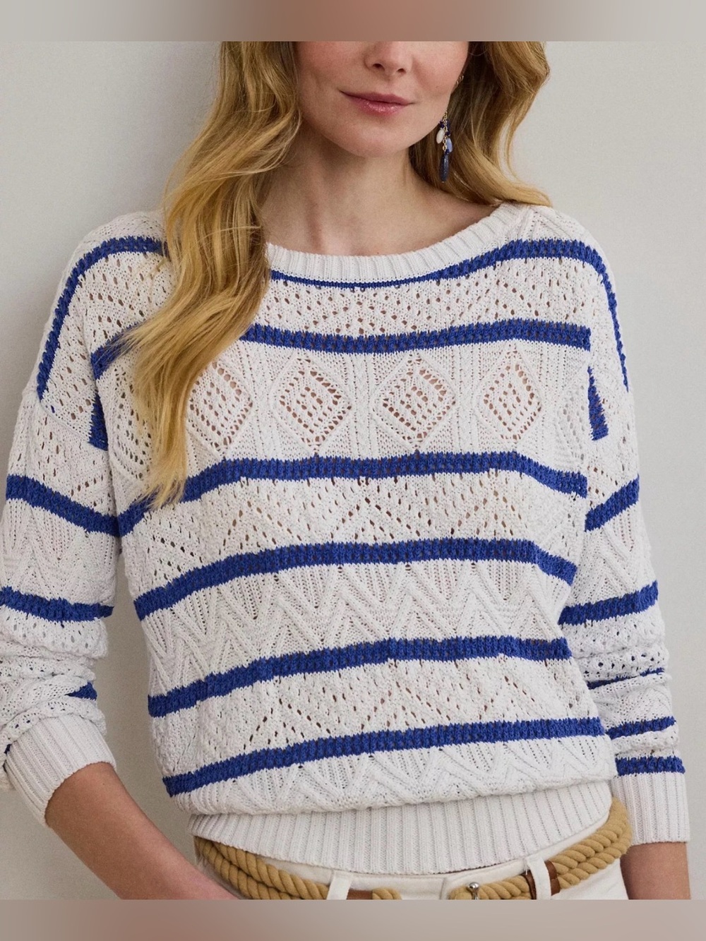 Lauren Ralph Lauren Striped Pointelle Sweater White & Blue Pullover Size L $195